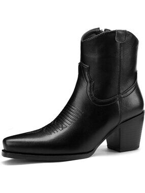 Women's Black Faux Leather Western Ankle Side Zip Block Heel Pointed Toe Boots